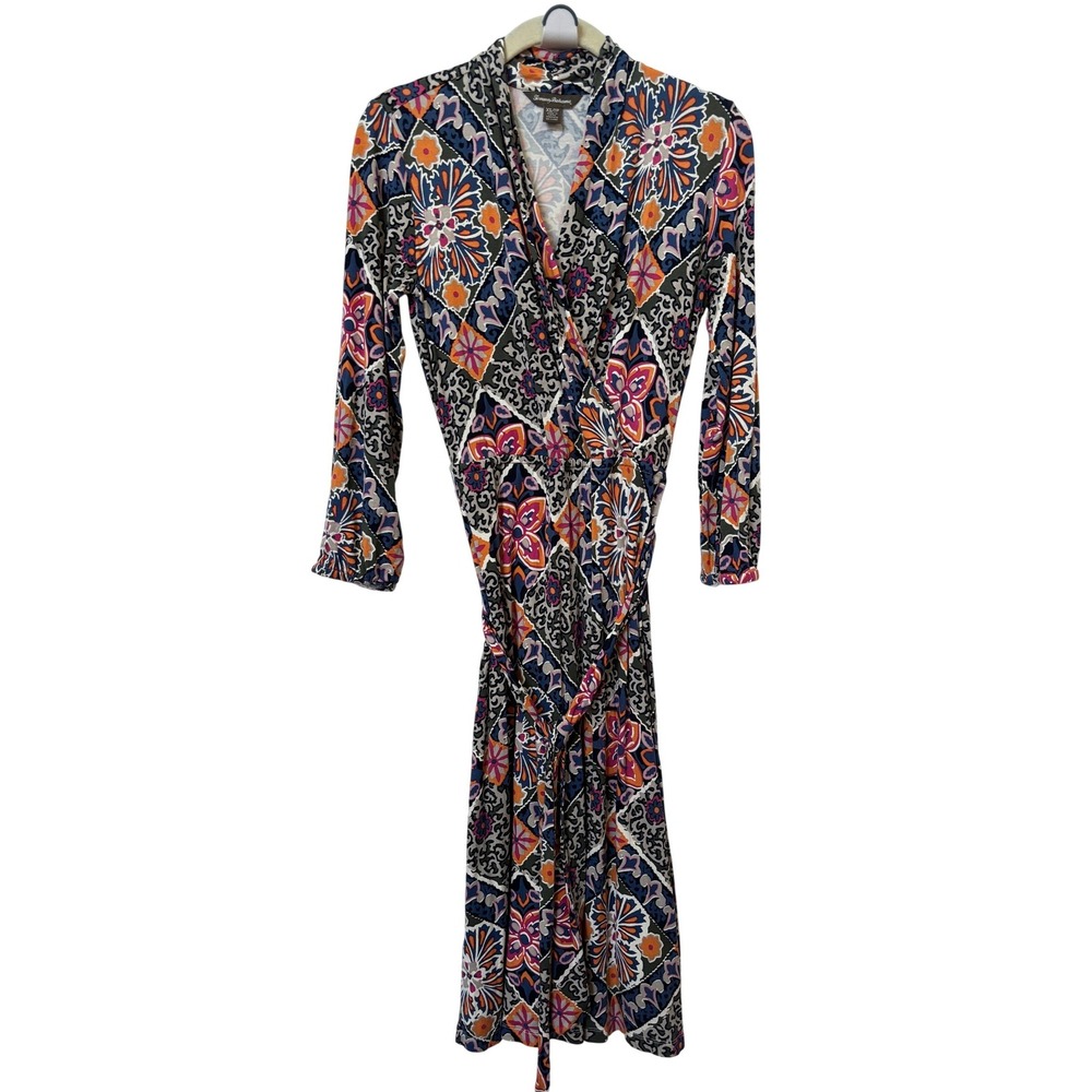 Tommy Bahama Womens XS Multicolor Geometric Floral Tile Print Wrap Midi Dress